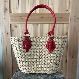 Stylish Straw and Red Leather Woven Shoulder Bag